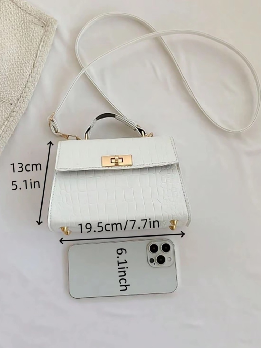 Croc-Embossed White Top-Handle Satchel with Gold Hardware - Picture 3 of 5